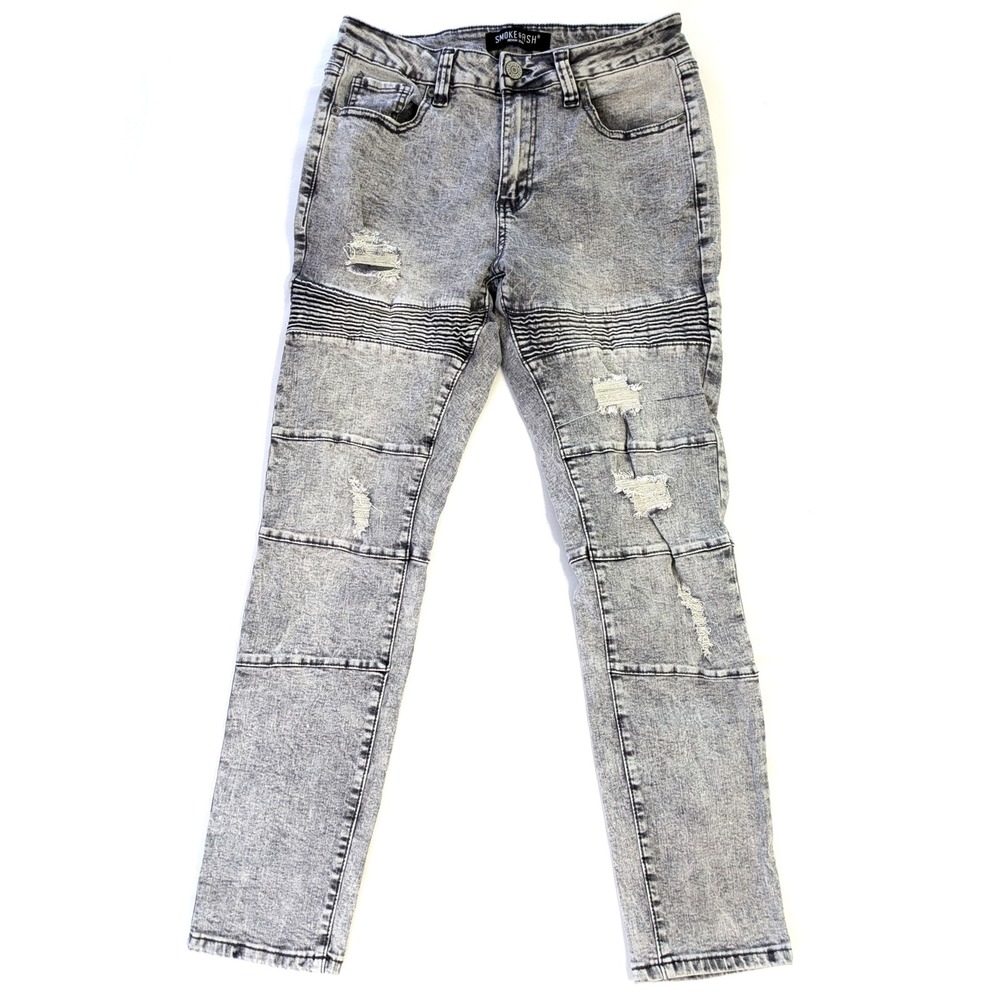 Smoke & Ash Mens Moto Jeans 30x30 Gray Acid Wash Distressed Biker Slim Fit Pants